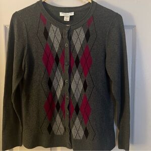 Christopher & Banks Gray & Plum Button Argyle Sweater Womens Cotton